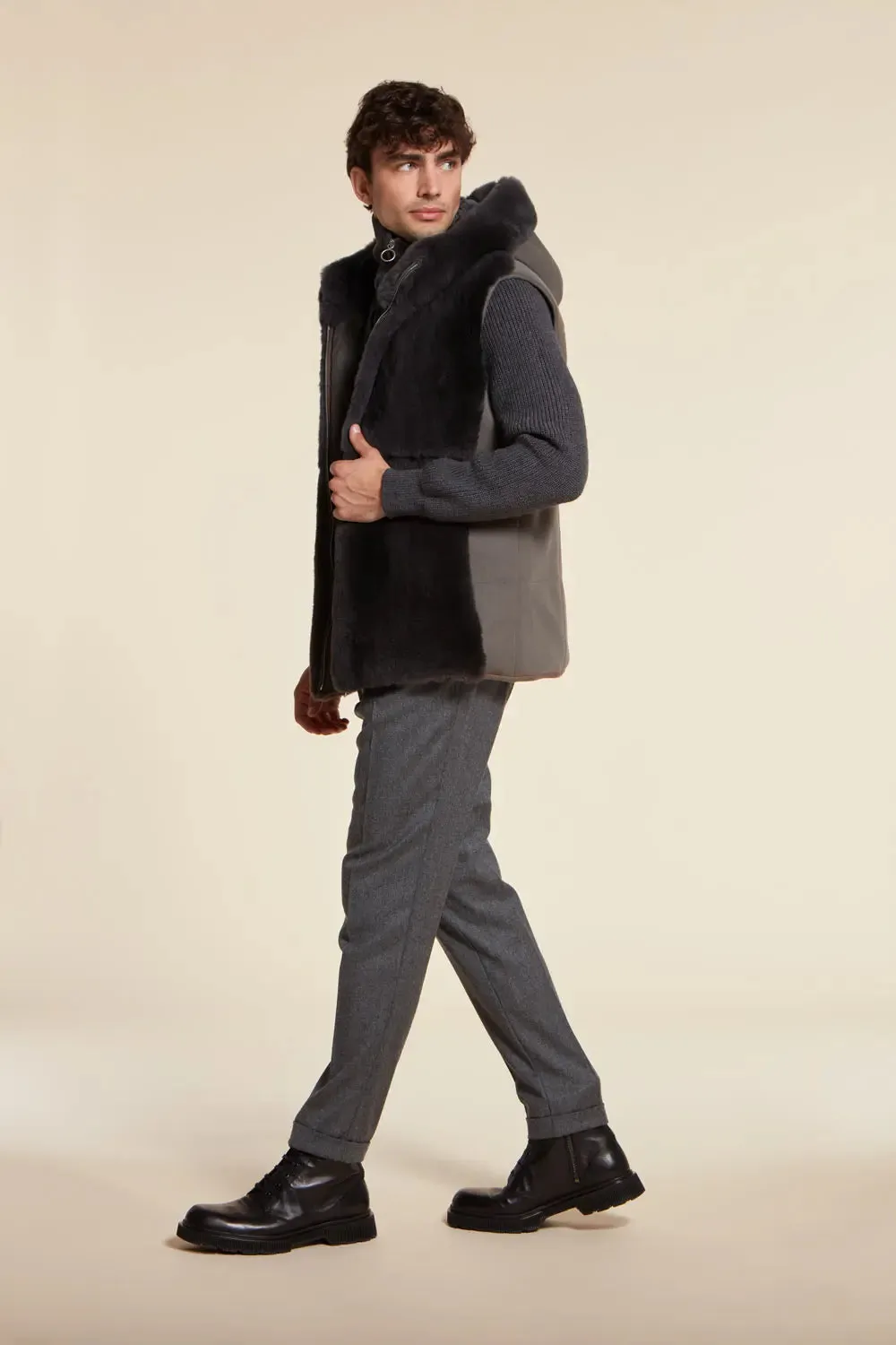 Mens mink vest with hood