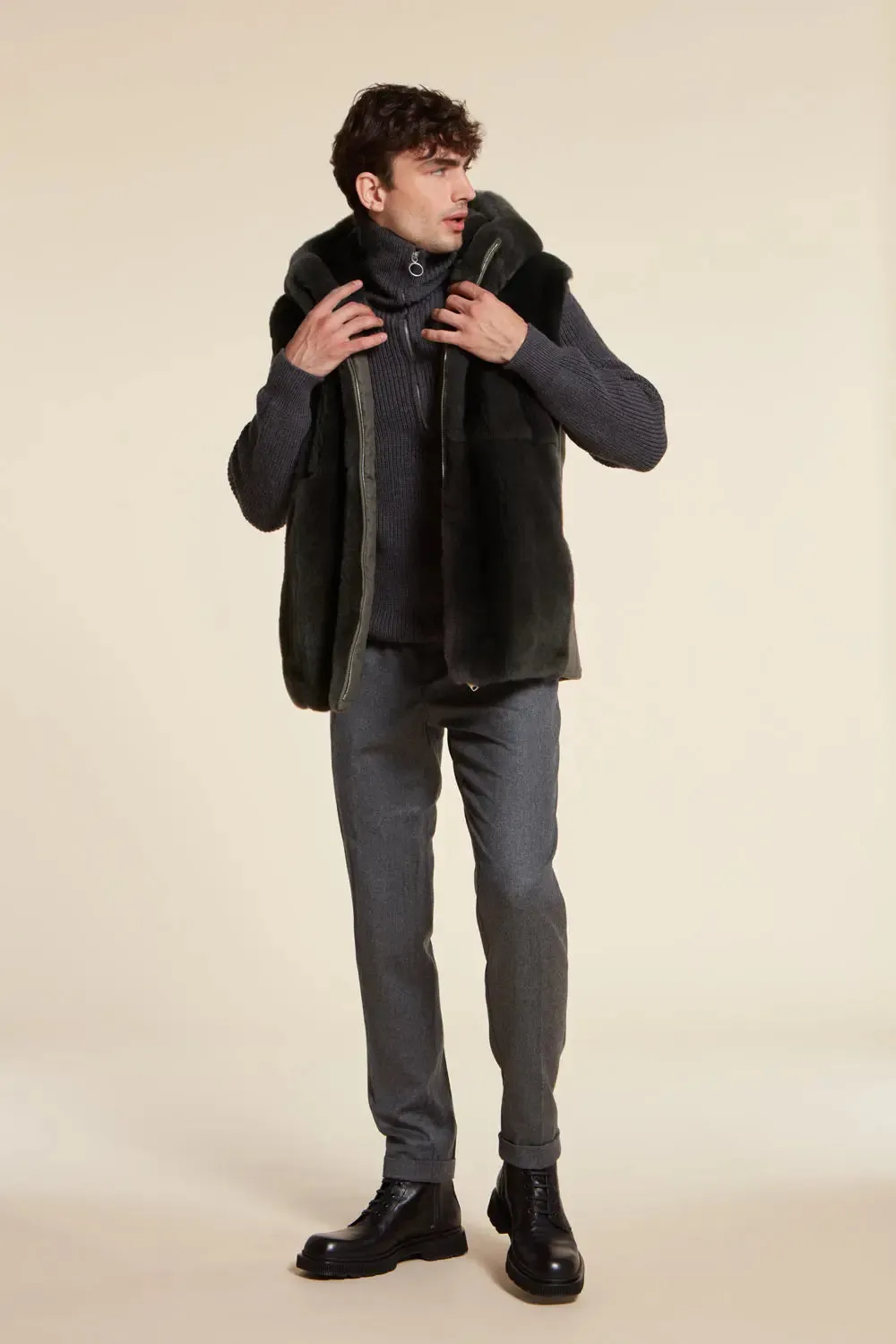 Mens mink vest with hood