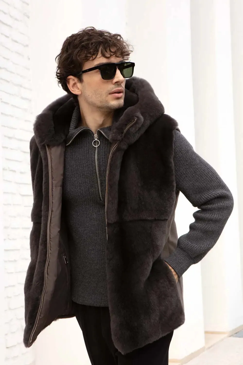 Mens mink vest with hood