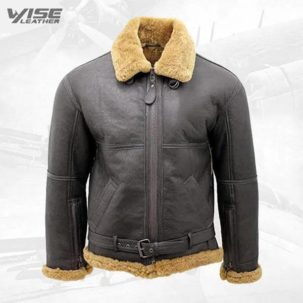 Men's RAF Brown Shearling Sheepskin Leather Jacket with Ginger Fur