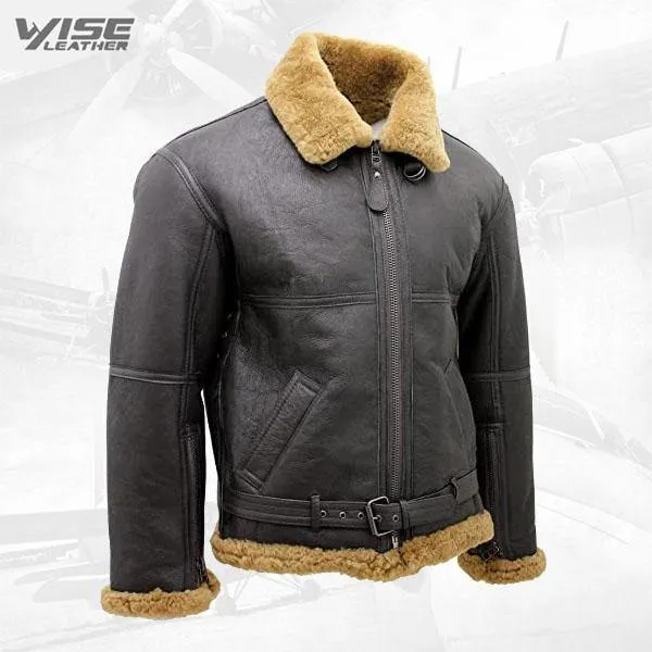 Men's RAF Brown Shearling Sheepskin Leather Jacket with Ginger Fur