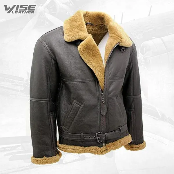 Men's RAF Brown Shearling Sheepskin Leather Jacket with Ginger Fur