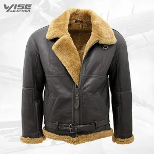 Men's RAF Brown Shearling Sheepskin Leather Jacket with Ginger Fur