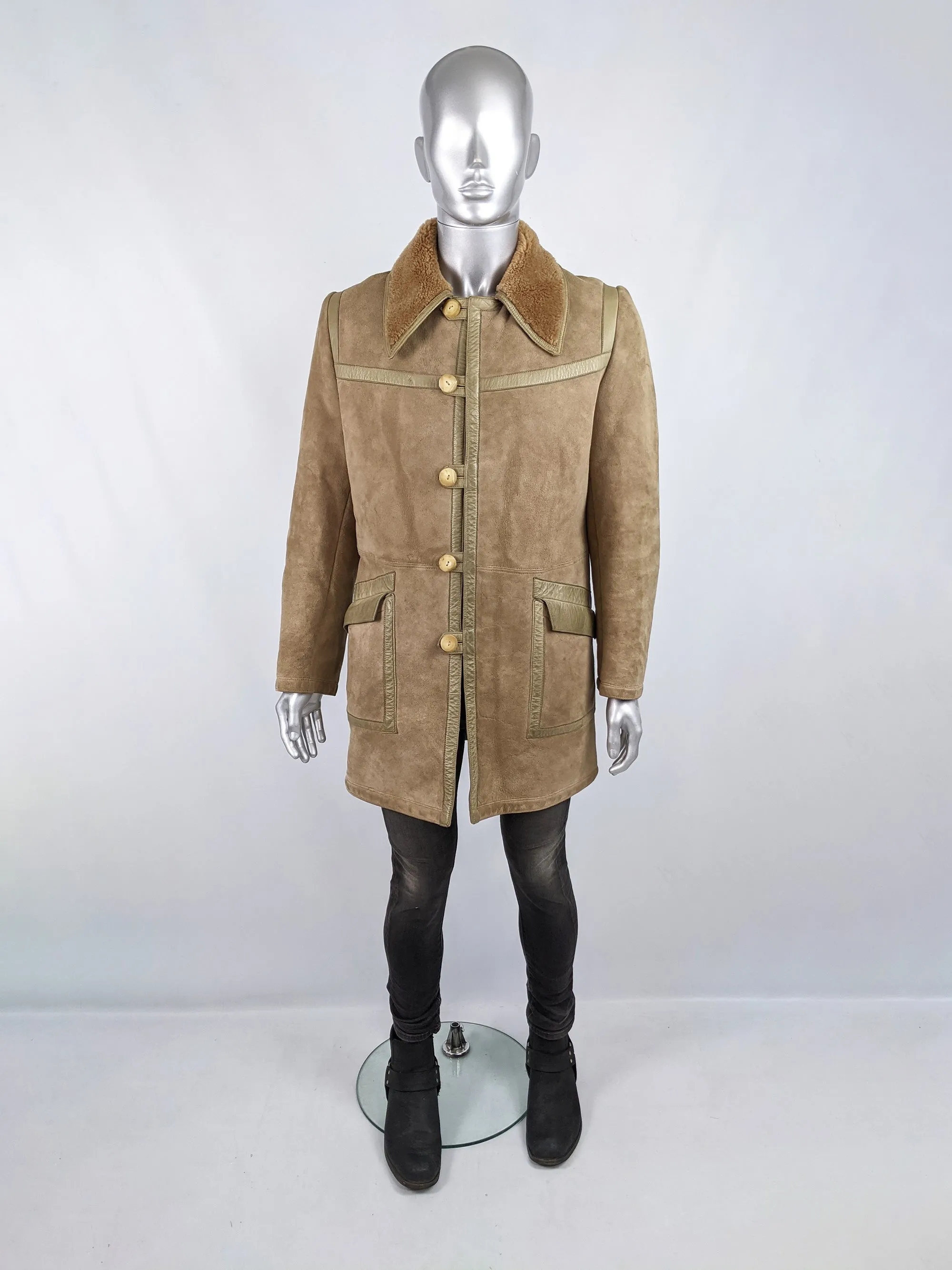 Mens Vintage Leather Trim Sheepskin & Shearling Coat, 1970s