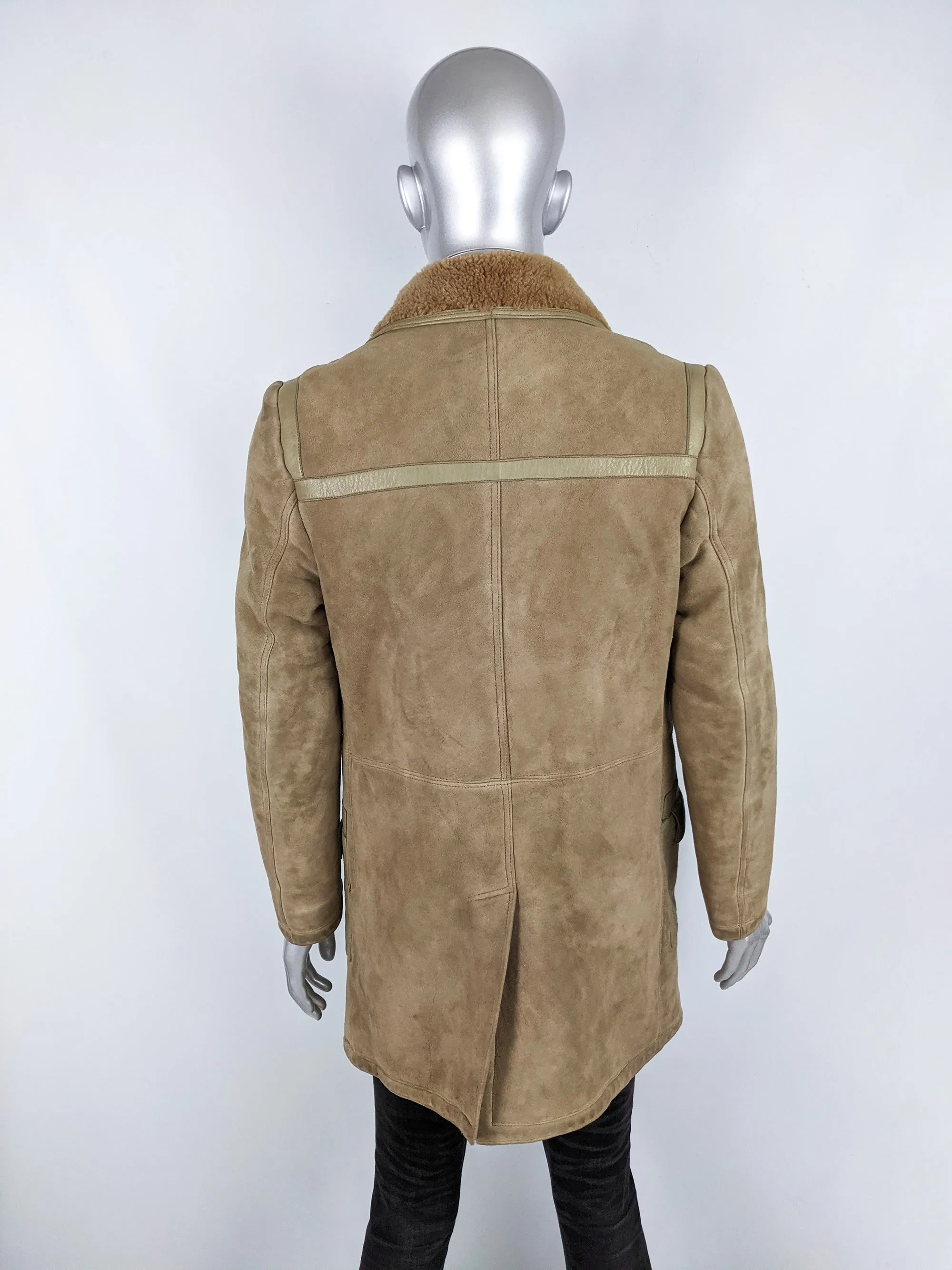 Mens Vintage Leather Trim Sheepskin & Shearling Coat, 1970s