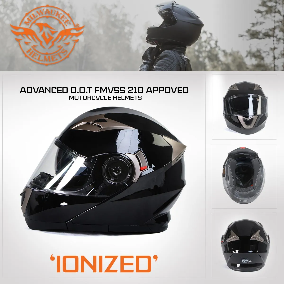 Milwaukee Helmets MPH9806DOT 'Ionized' Gloss Black Modular Helmet for Men and Women Biker w/ MP7922FMSET Heated Balaclava Bundle