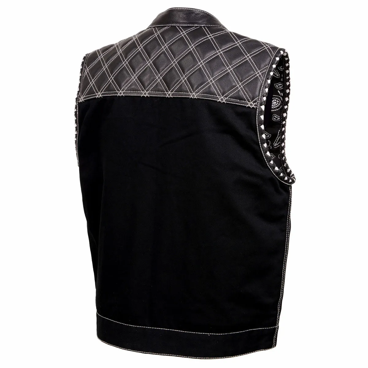 Milwaukee Leather MDM3035 Men's 'Wrecker' Black Denim and Leather Club Style Vest w/ Diamond Quilt Design