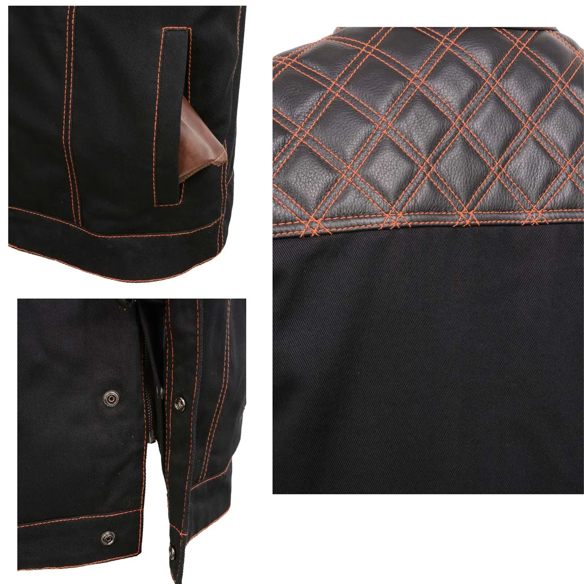 Milwaukee Leather MDM3037 Men's 'Wrecker' Black Denim and Leather Club Style Vest w/ Diamond Quilt Design