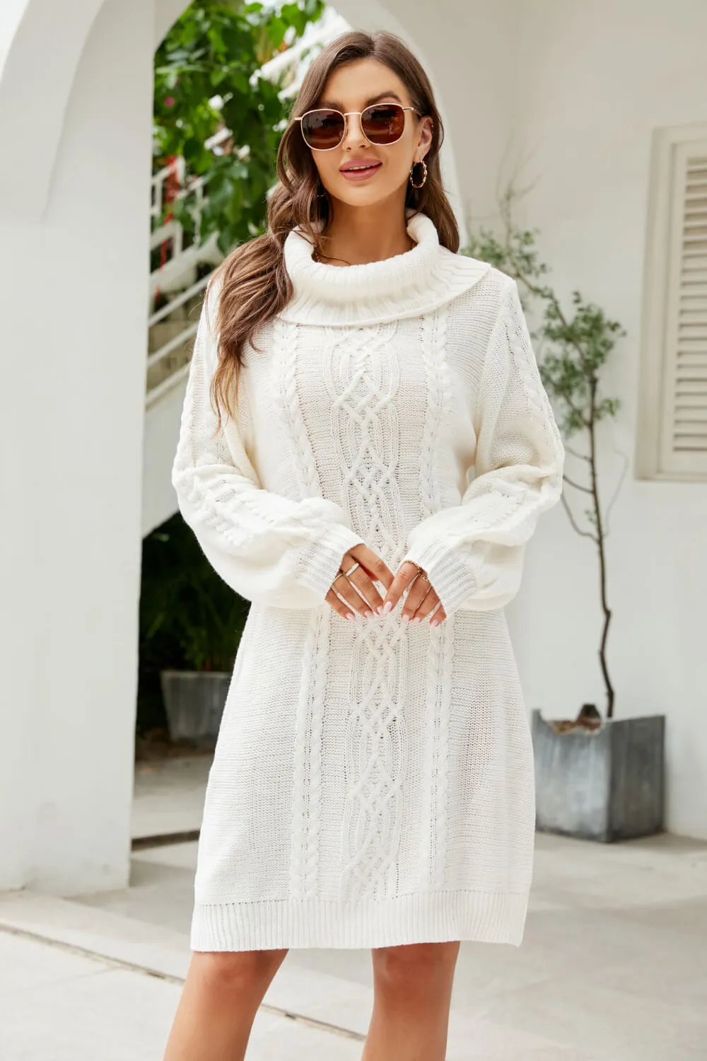 Mixed Knit Turtleneck Lantern Sleeve Sweater Dress