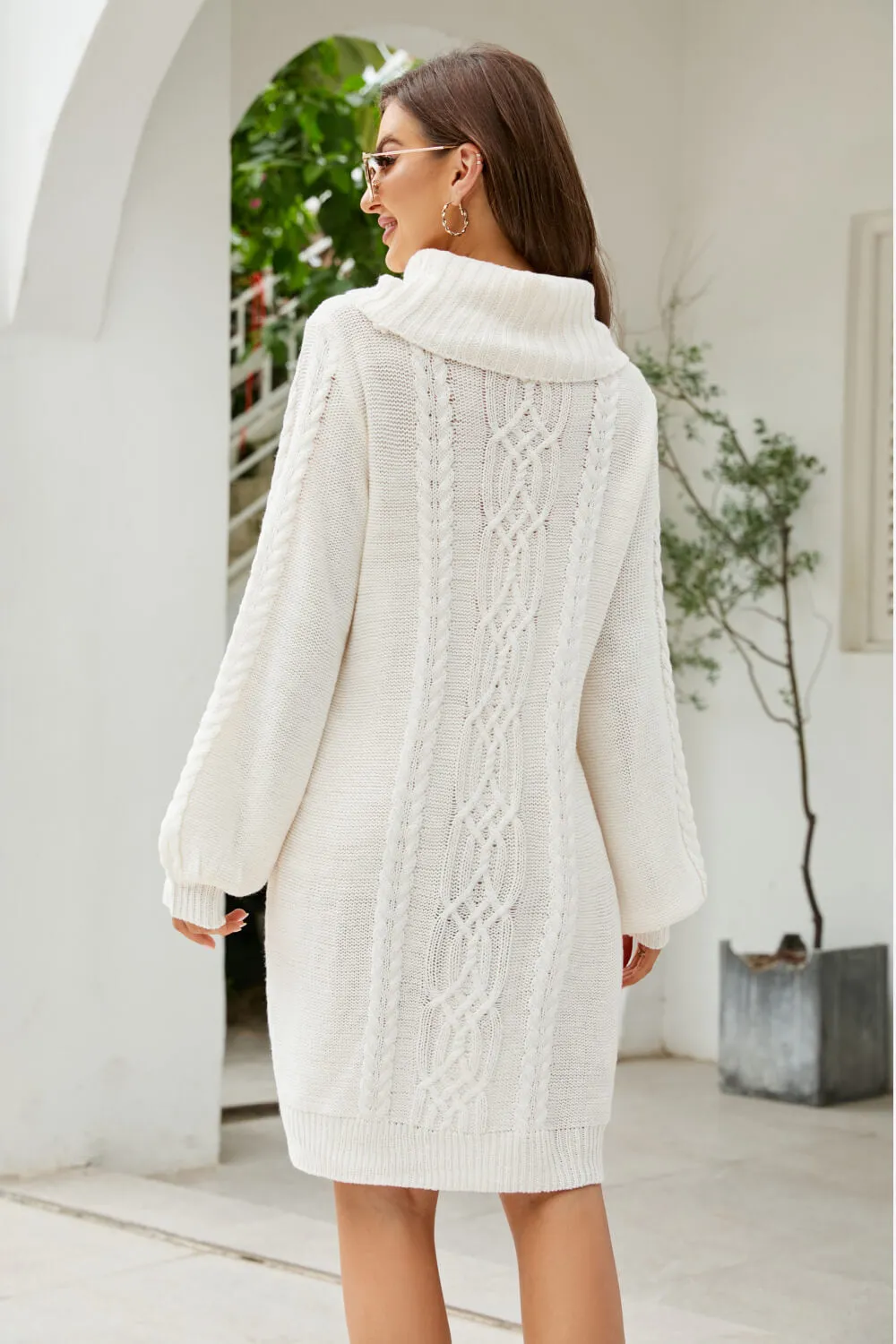 Mixed Knit Turtleneck Lantern Sleeve Sweater Dress