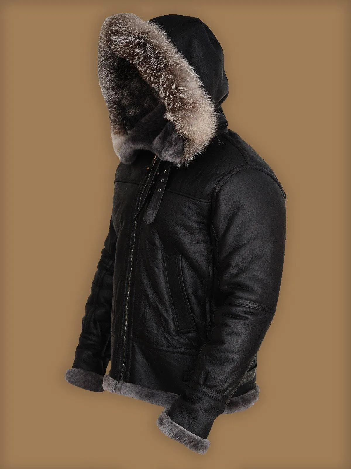 Modern Men's Black Shearling Leather Jacket with Hood