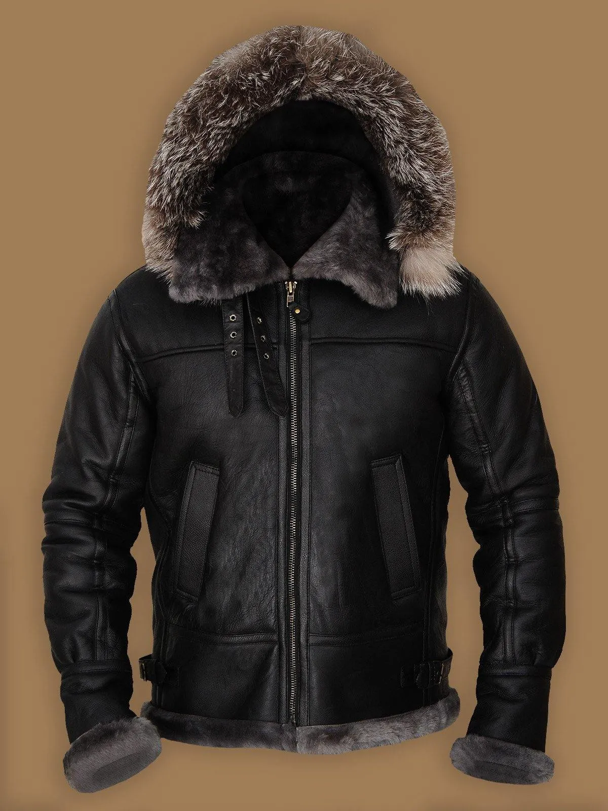 Modern Men's Black Shearling Leather Jacket with Hood