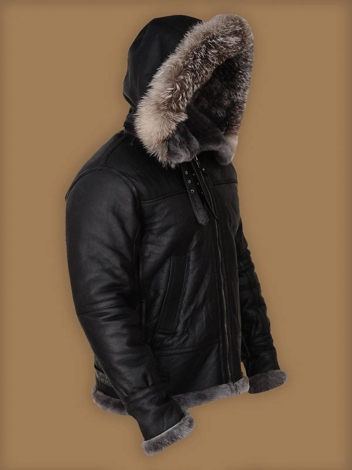 Modern Men's Black Shearling Leather Jacket with Hood