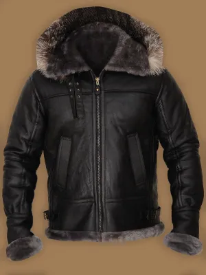 Modern Men's Black Shearling Leather Jacket with Hood