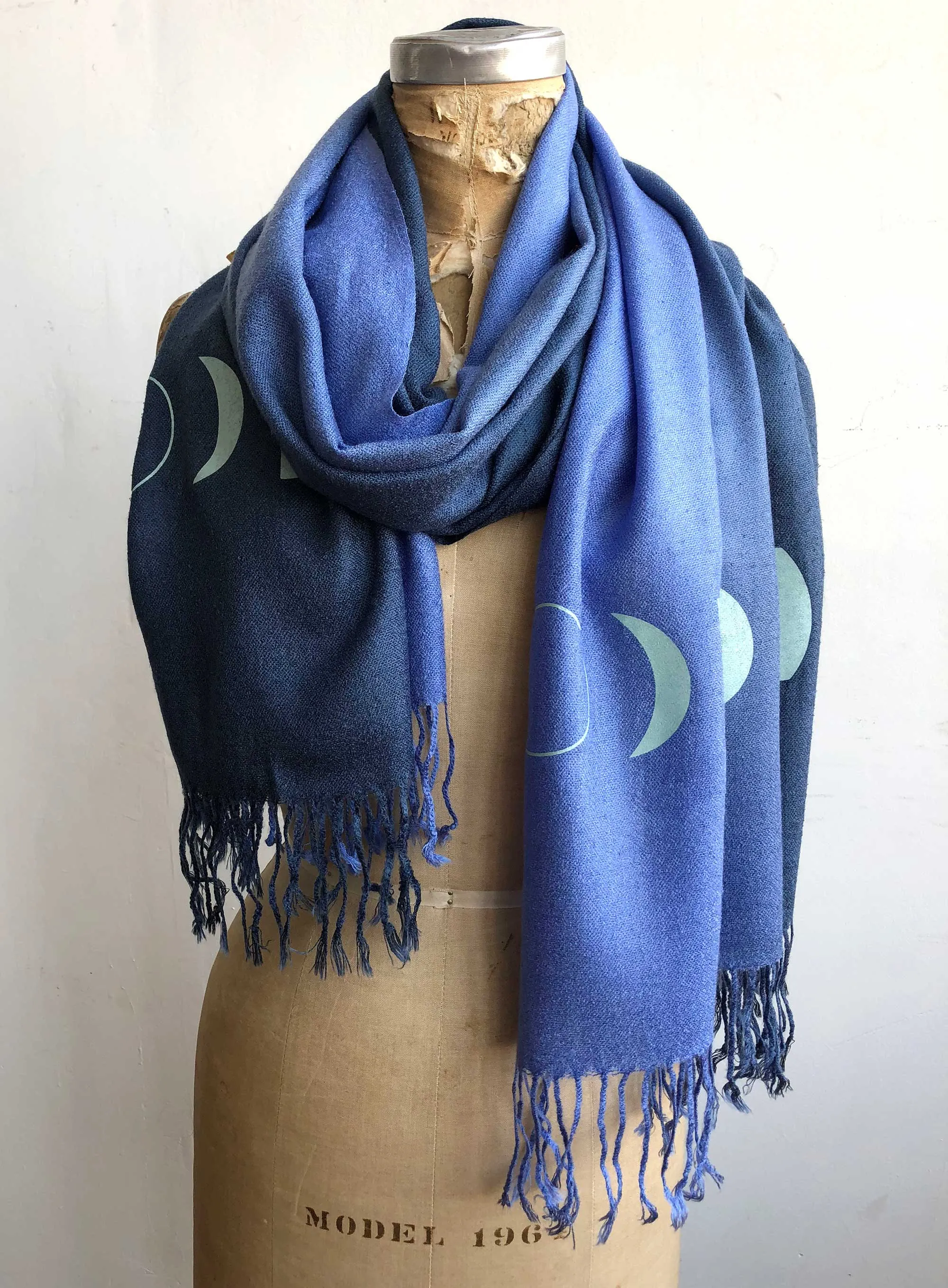 Moon Phase Scarf, blue ombré pashmina