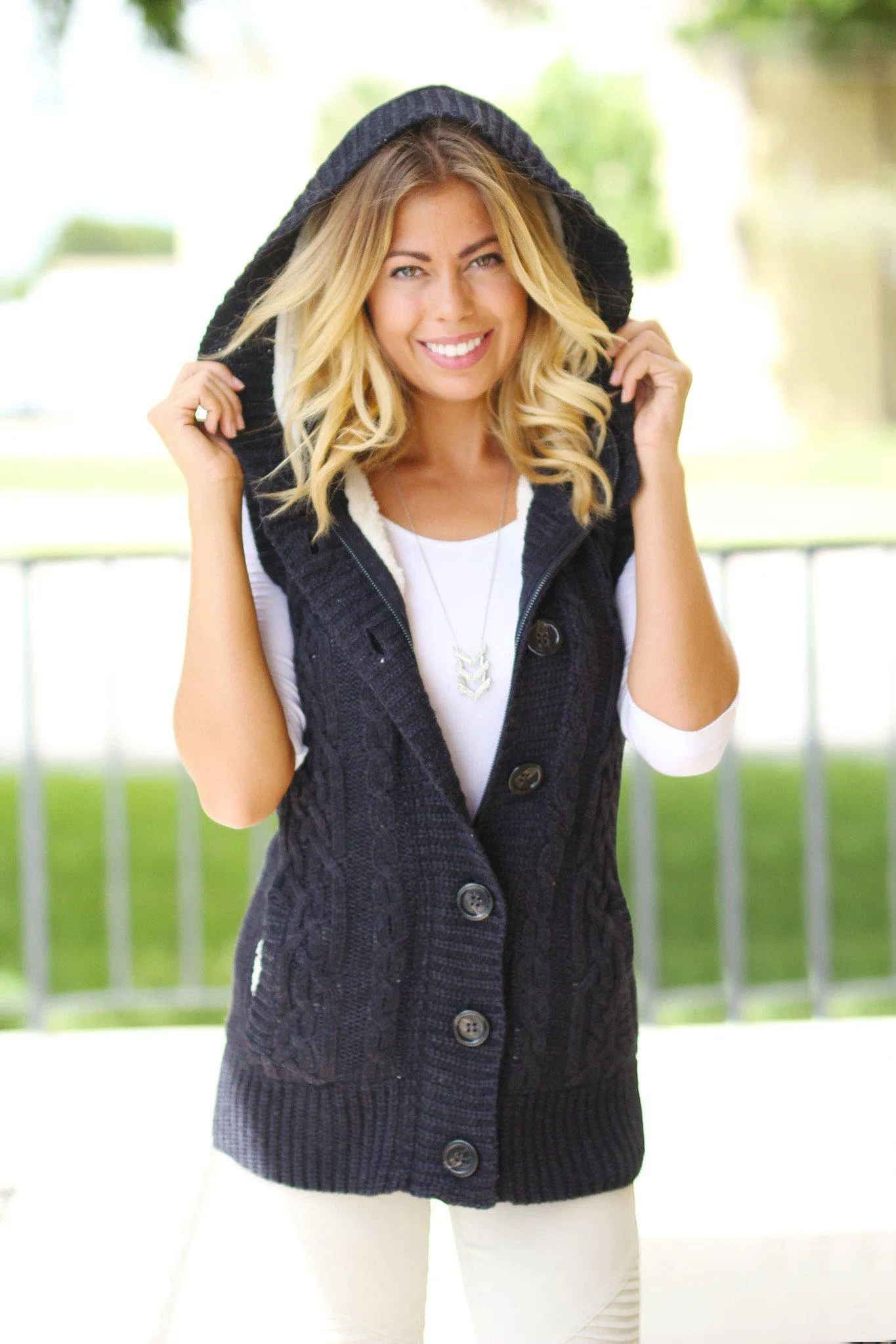 Navy Fur Sweater Vest With Hoodie