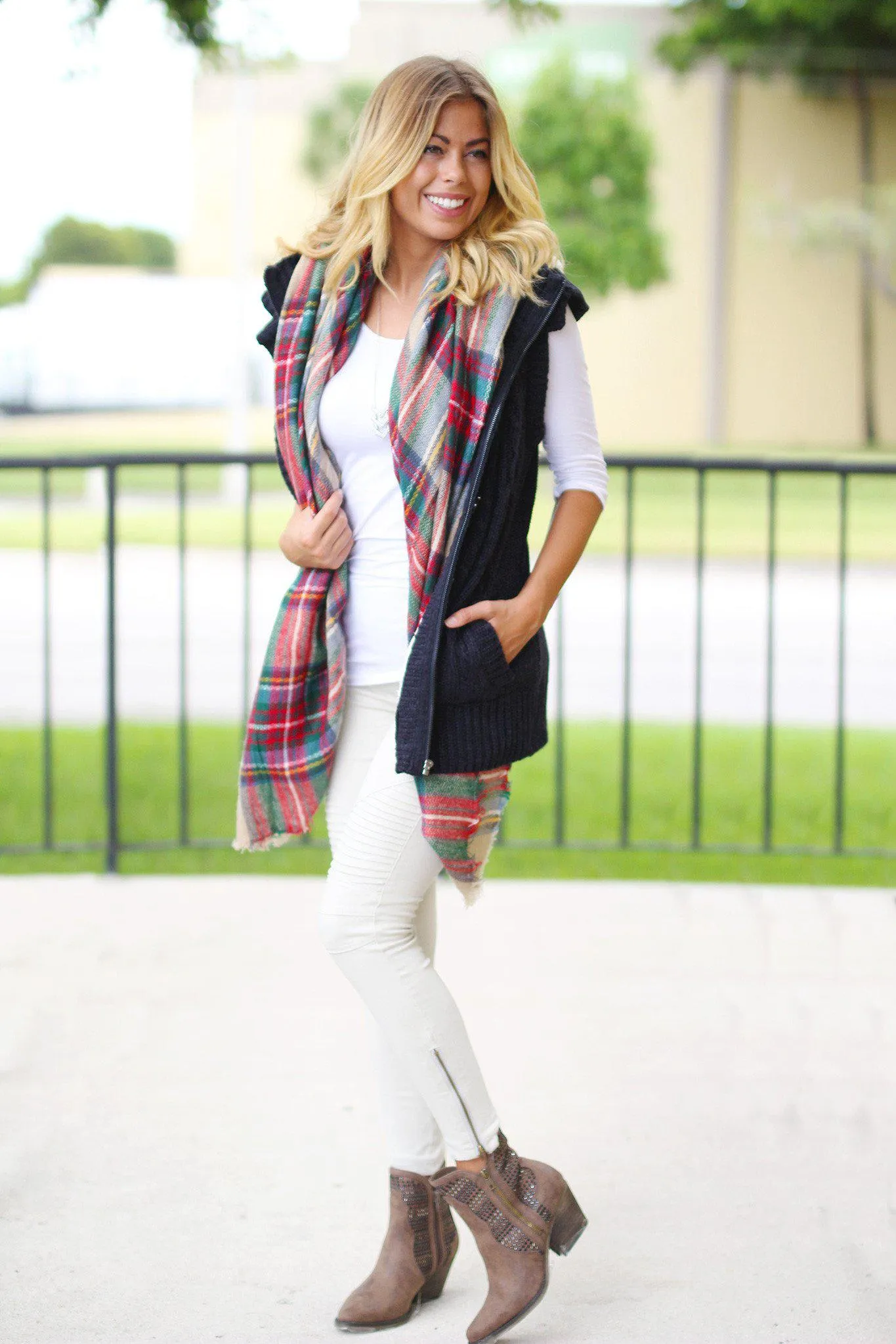 Navy Fur Sweater Vest With Hoodie