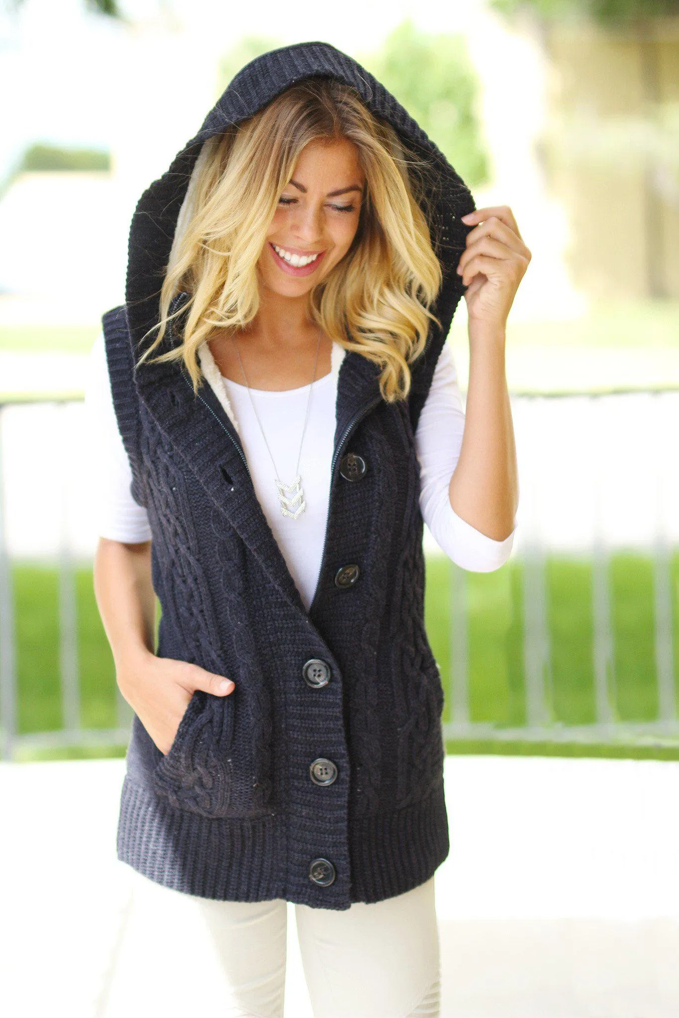 Navy Fur Sweater Vest With Hoodie