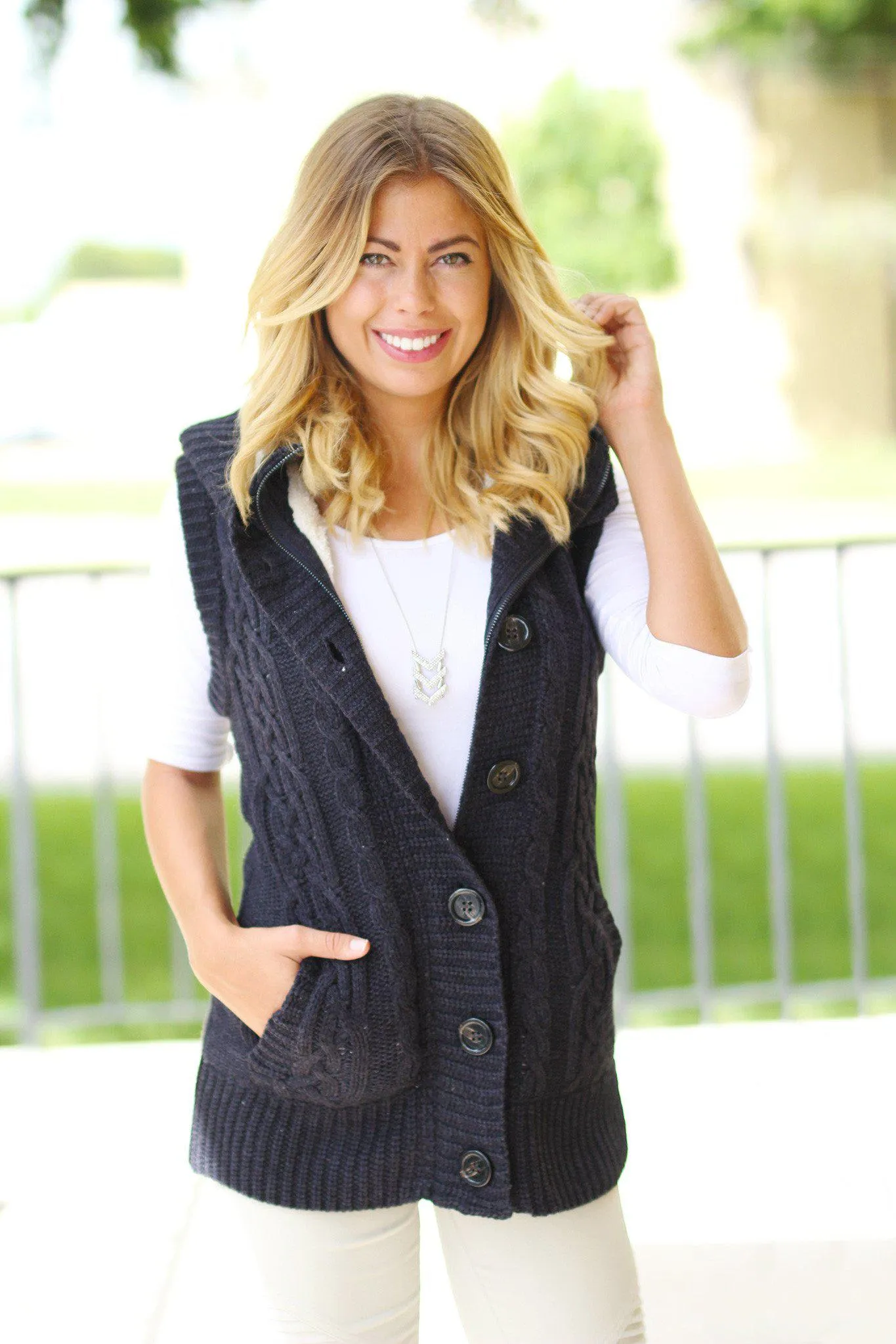 Navy Fur Sweater Vest With Hoodie