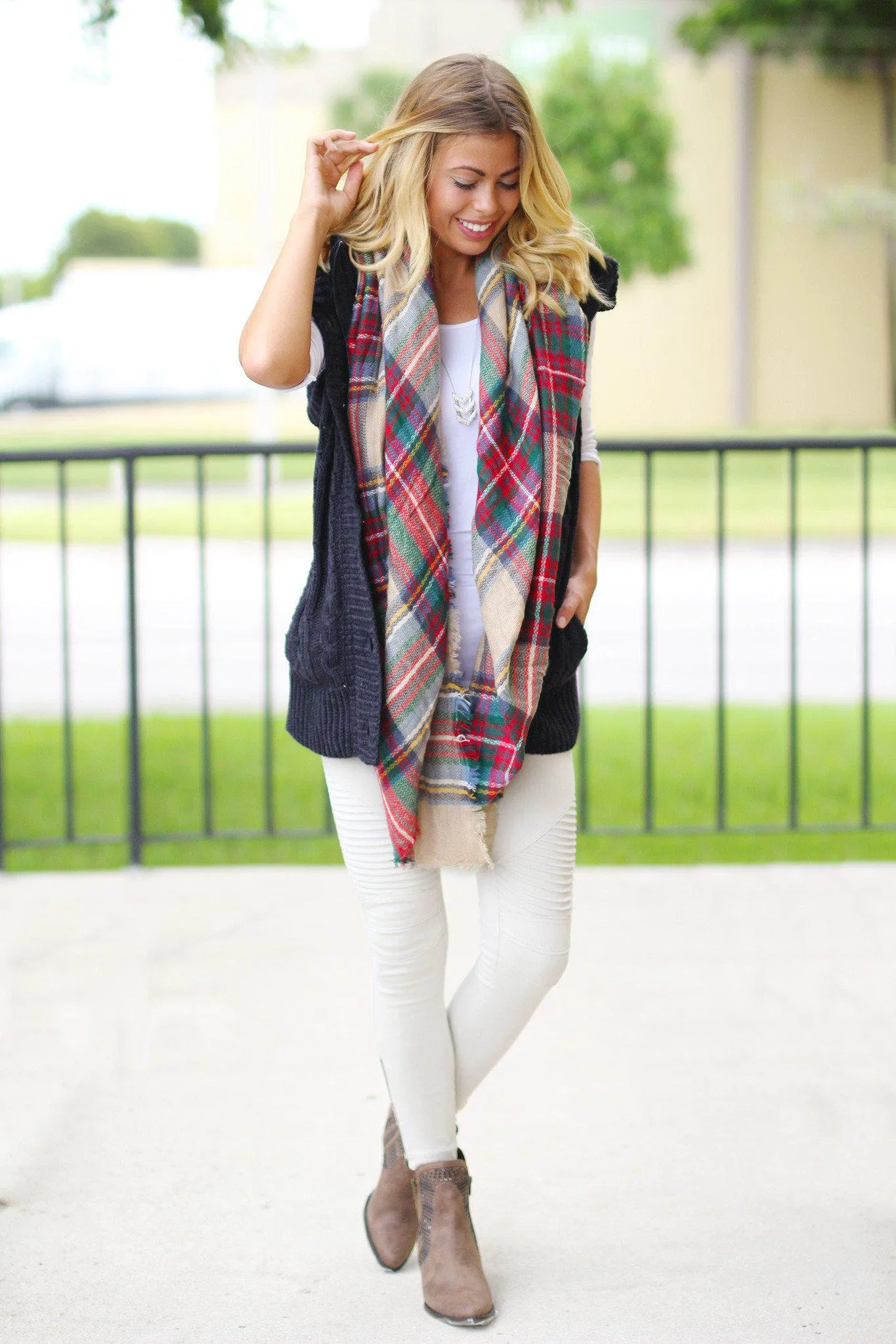 Navy Fur Sweater Vest With Hoodie