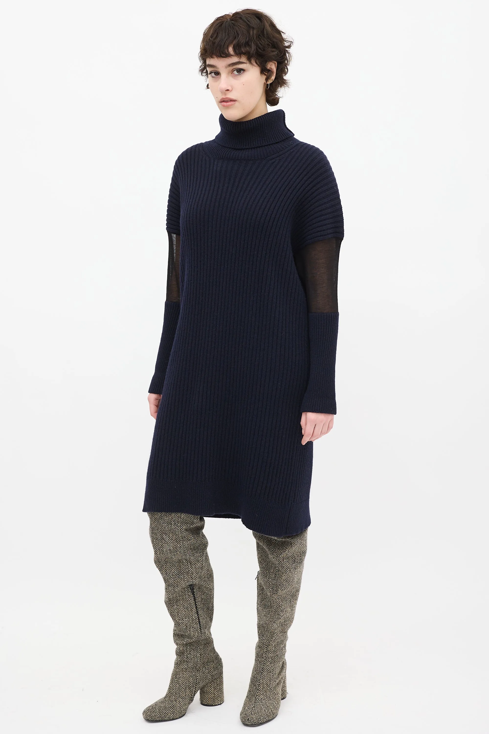 Navy Wool knit & Mesh Sweater Dress