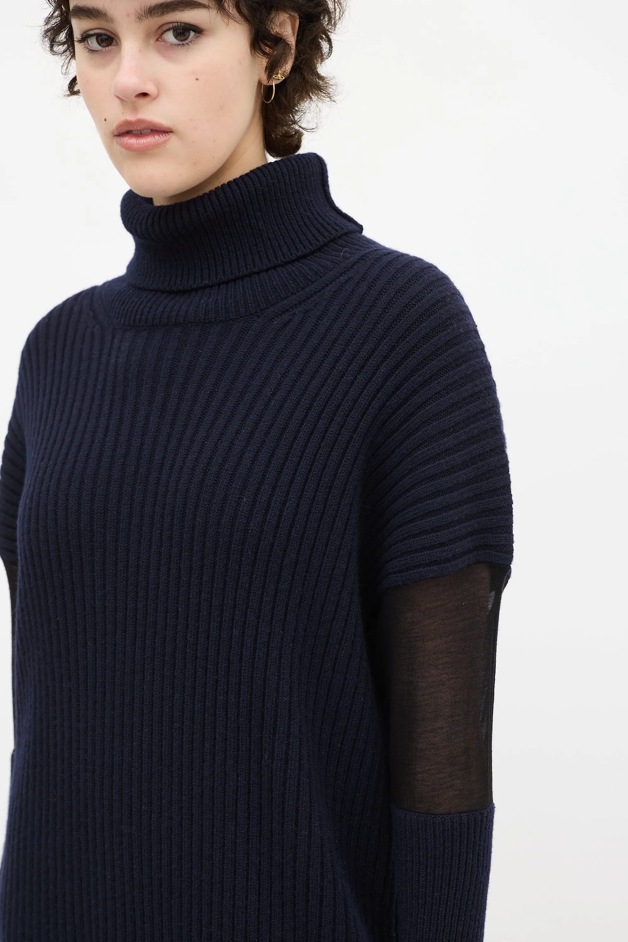 Navy Wool knit & Mesh Sweater Dress