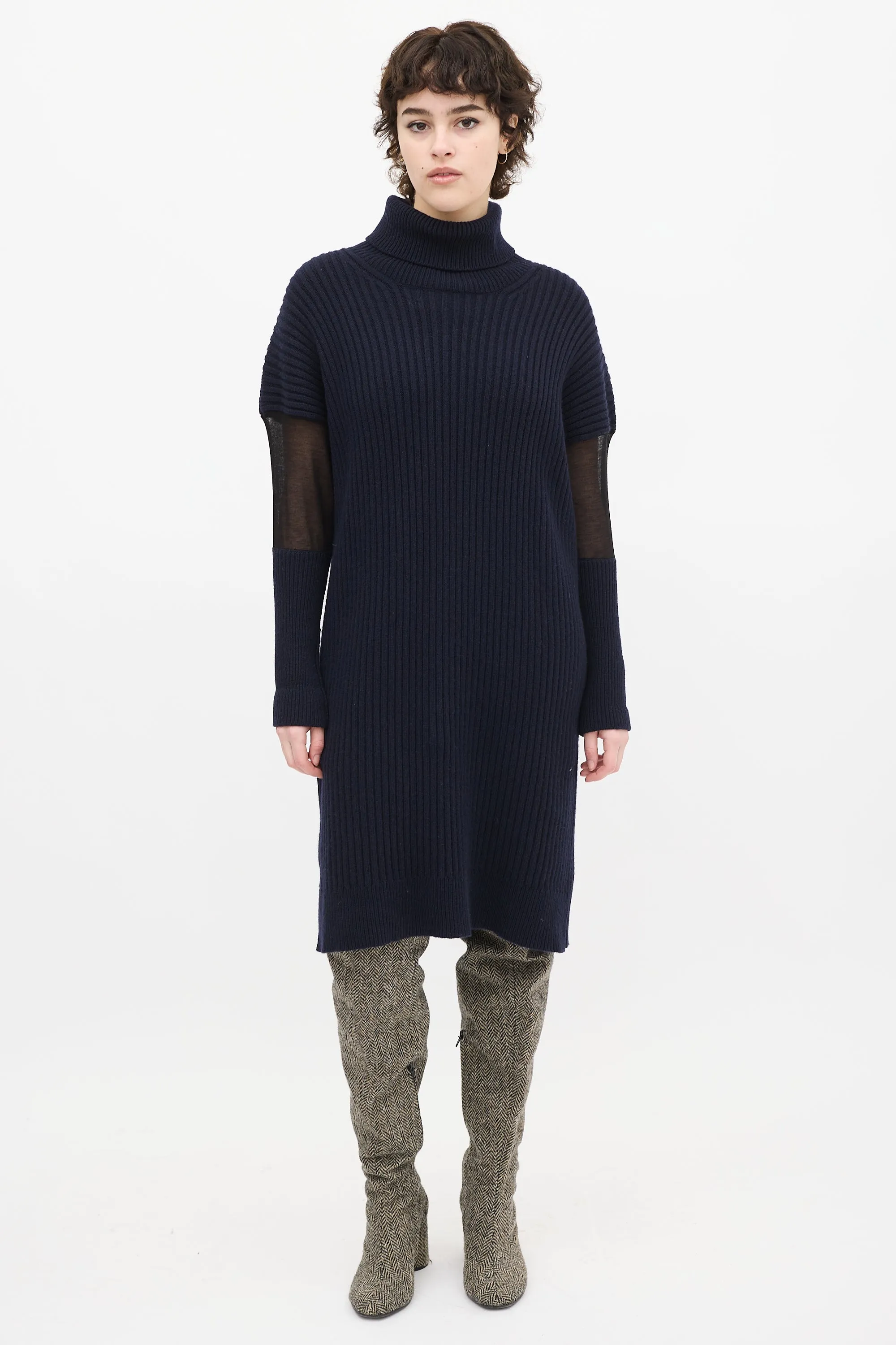 Navy Wool knit & Mesh Sweater Dress