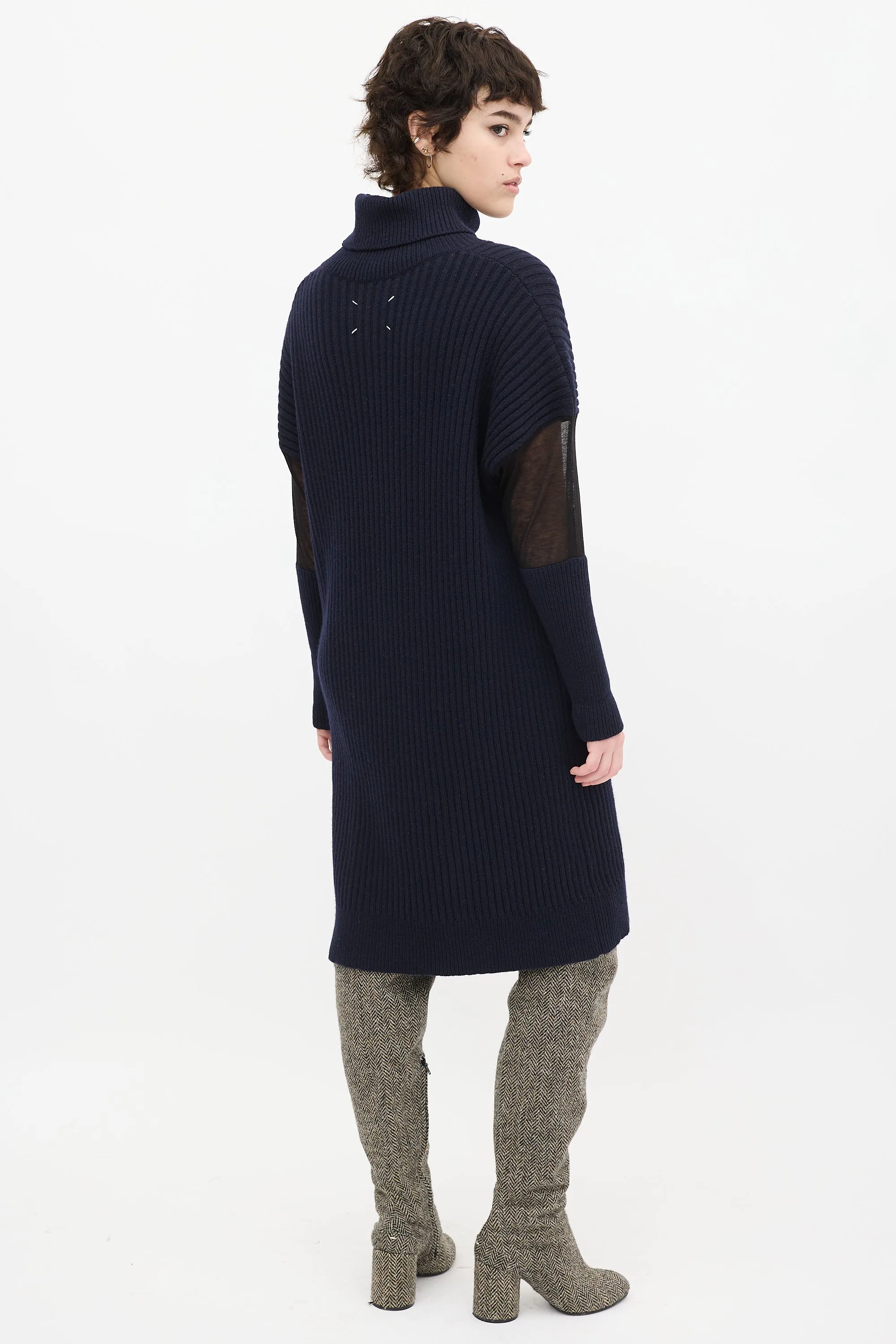 Navy Wool knit & Mesh Sweater Dress