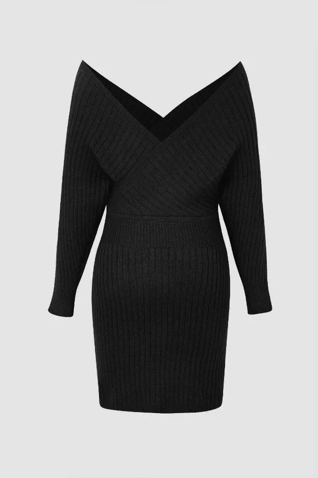 Off Shoulder V-neck Sweater Mini Dress