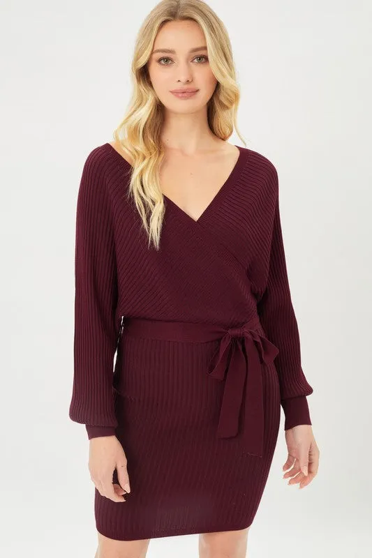 Off Shoulder Wrap Belted Ribbed Knit Dress