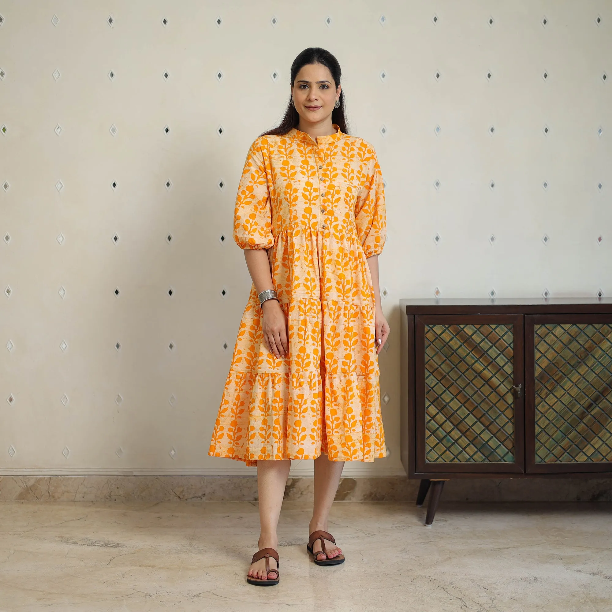 Orange - Pure Cotton Tiered Batik Print Dress 07