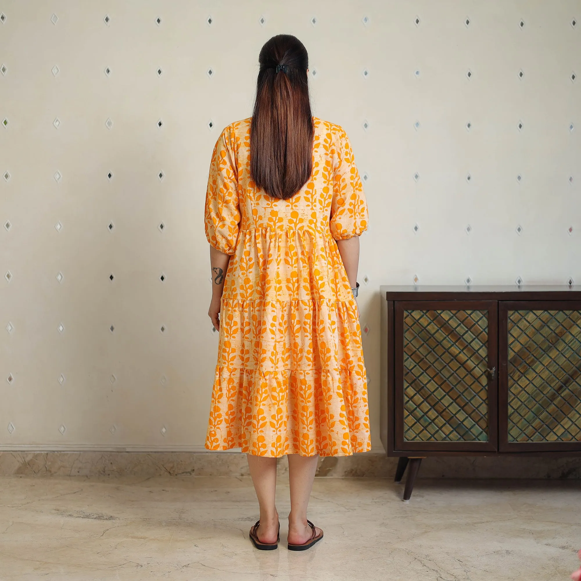 Orange - Pure Cotton Tiered Batik Print Dress 07