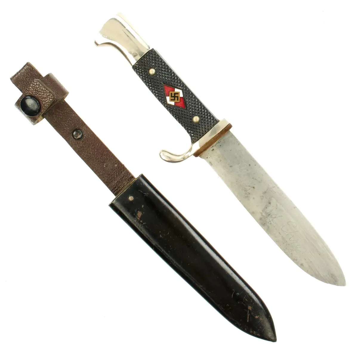 Original German WWII Early Motto-Marked HJ Knife by Hartkopf & Co. of Solingen with Scabbard