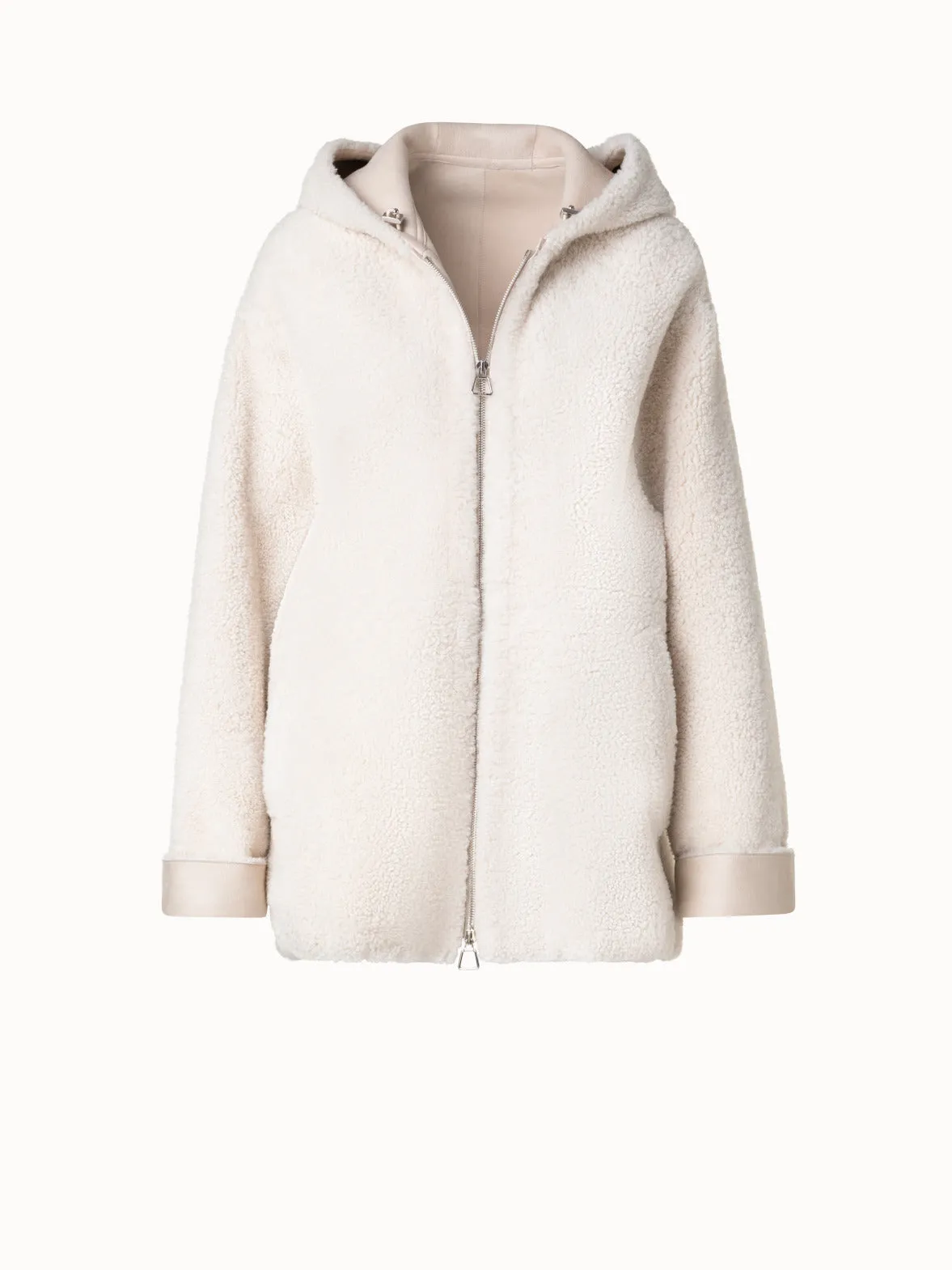 Oversize Shearling Leather Jacket with Hood