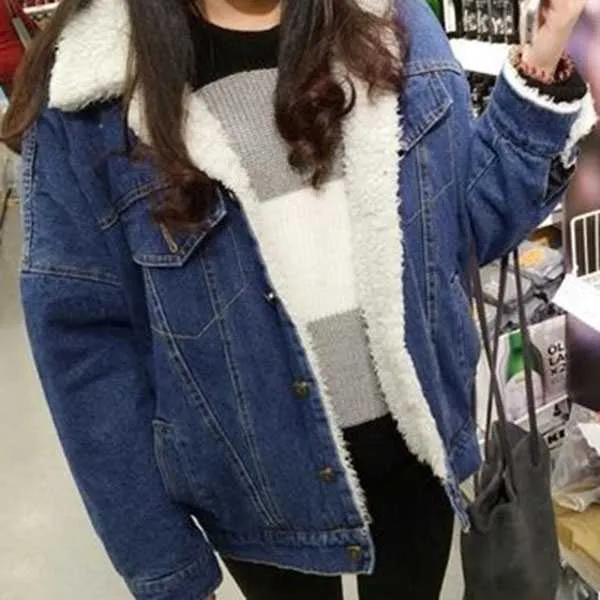 Oversized Fleece Fur Lined Denim Jacket with fur