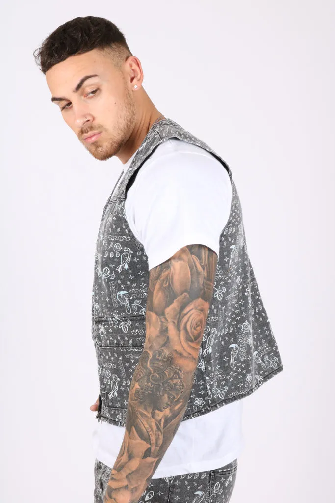 Paisley Printed Denim Gilet Vest