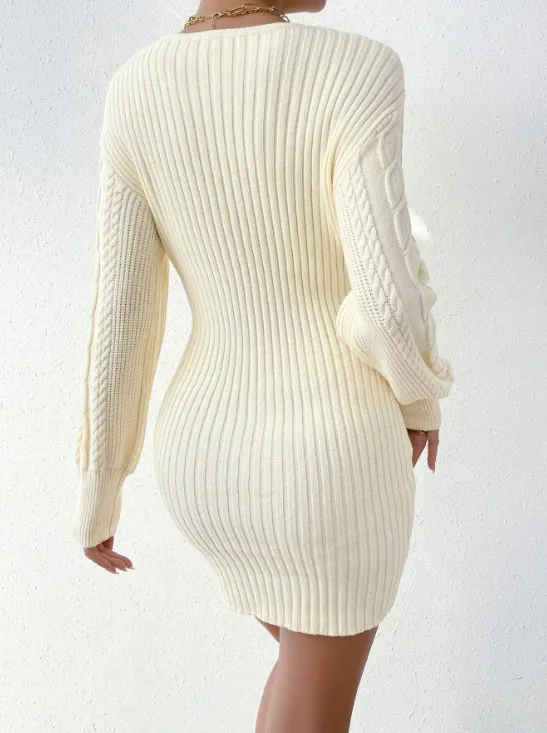 Parien Solid Wrap Detail Ribbed Knit Sweater Dress Without Belt