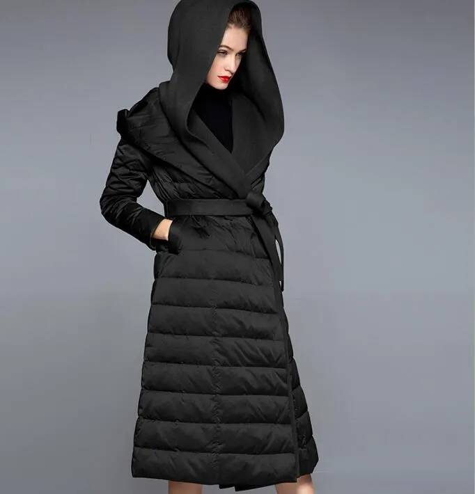 Patchwork Women Down Coat, Winter Loose 90% Hooded Duck Down Jackets, Long Warm Down Coat Any Size