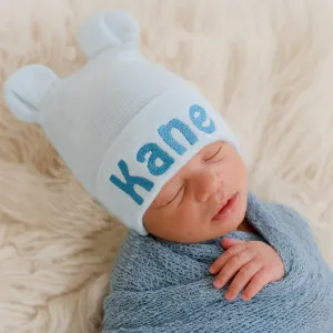 Personalized Blue and White Striped Newborn Baby Boys Hospital Beanie Hat with Bear Ears, Infant Hat Newborn Hat