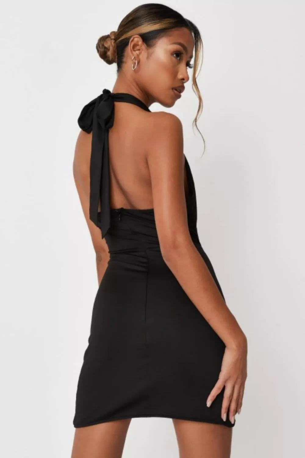 Petite Black Slinky Ruched Halterneck Dress