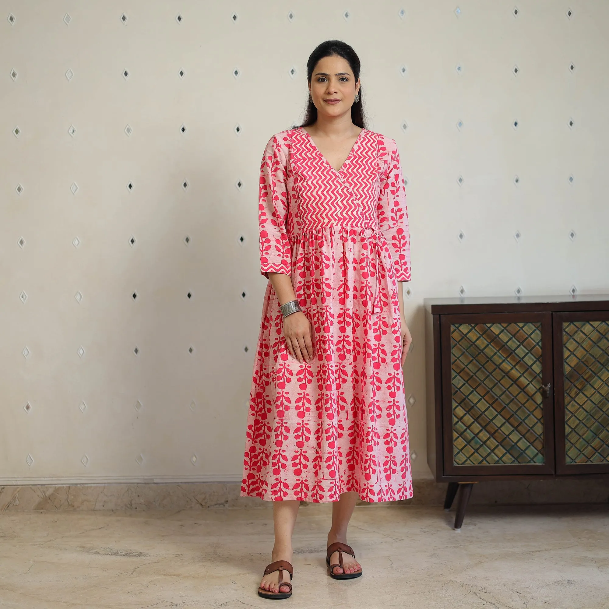 Pink - Pure Cotton Angrakha Batik Print Dress 06