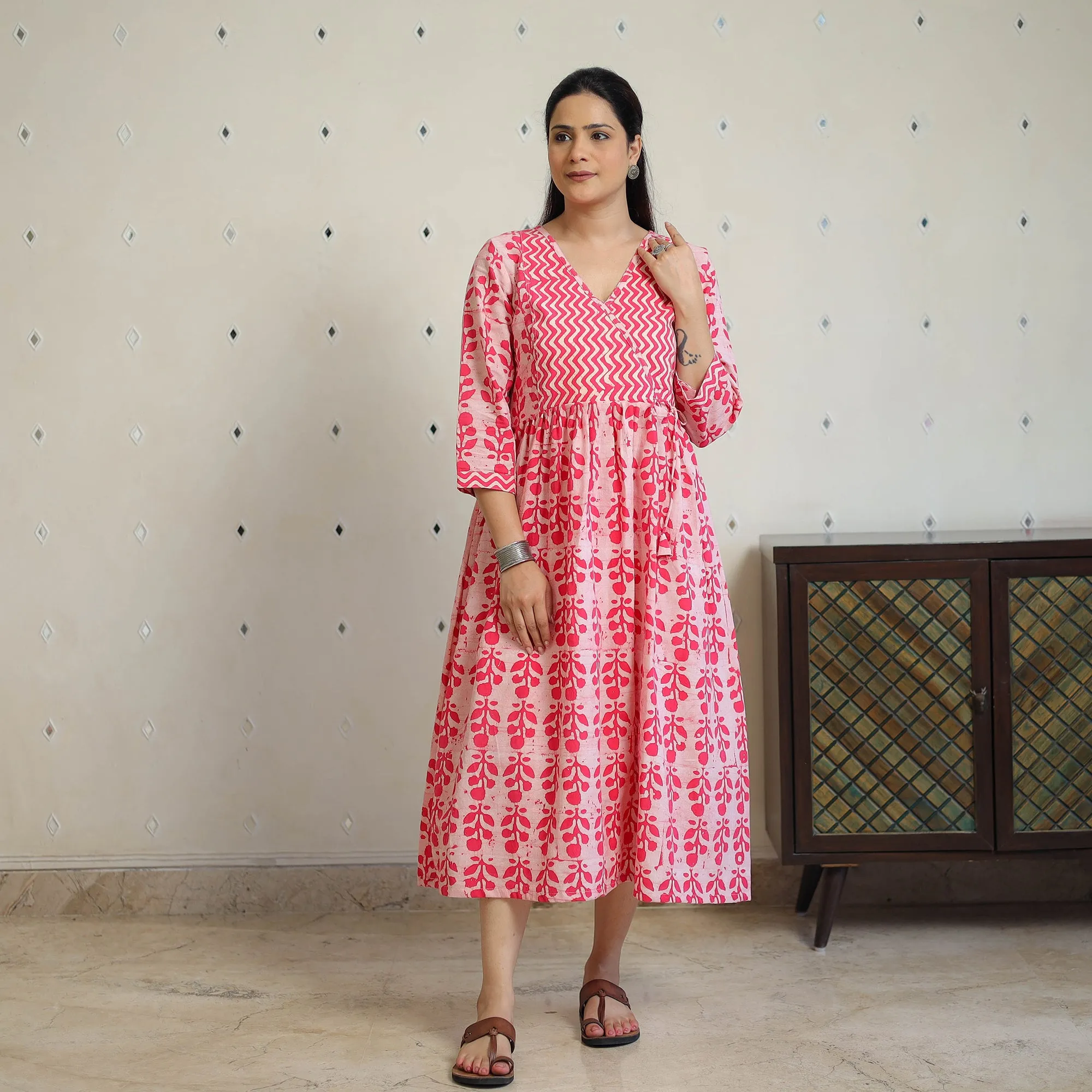 Pink - Pure Cotton Angrakha Batik Print Dress 06