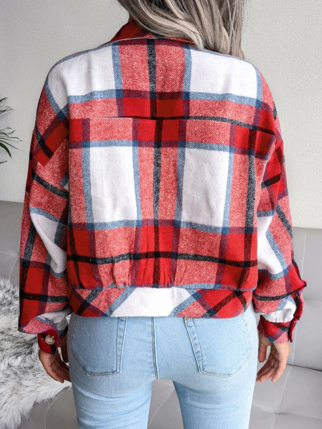 Plaid Collared Neck Drop Shoulder Jacket