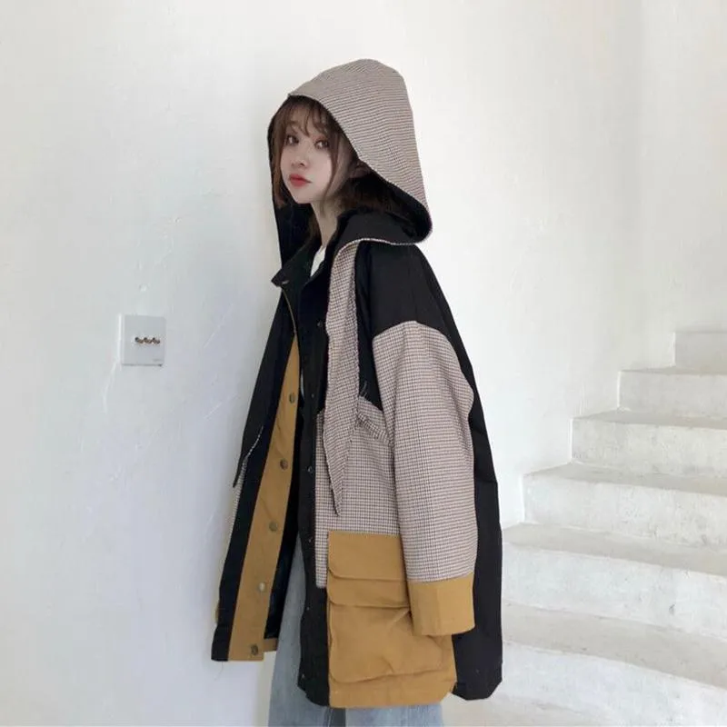 Plaid Patchwork Oversized Hooded Raincoat