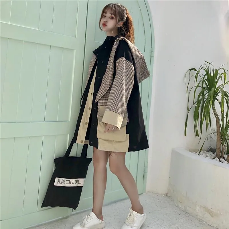 Plaid Patchwork Oversized Hooded Raincoat