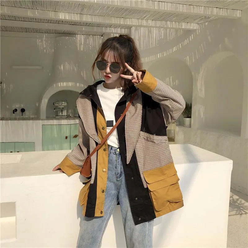 Plaid Patchwork Oversized Hooded Raincoat