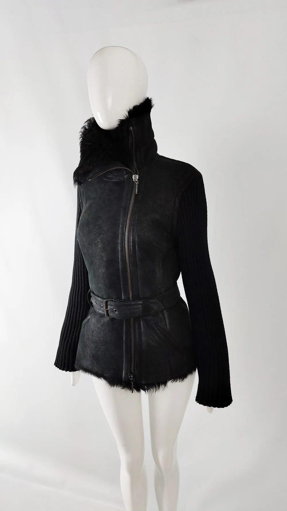 Plein Sud Vintage Black Shearling & Knit Moto Jacket, 1990s