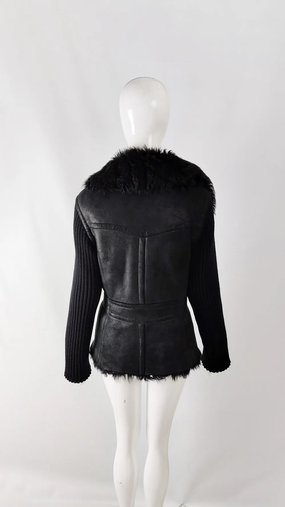 Plein Sud Vintage Black Shearling & Knit Moto Jacket, 1990s