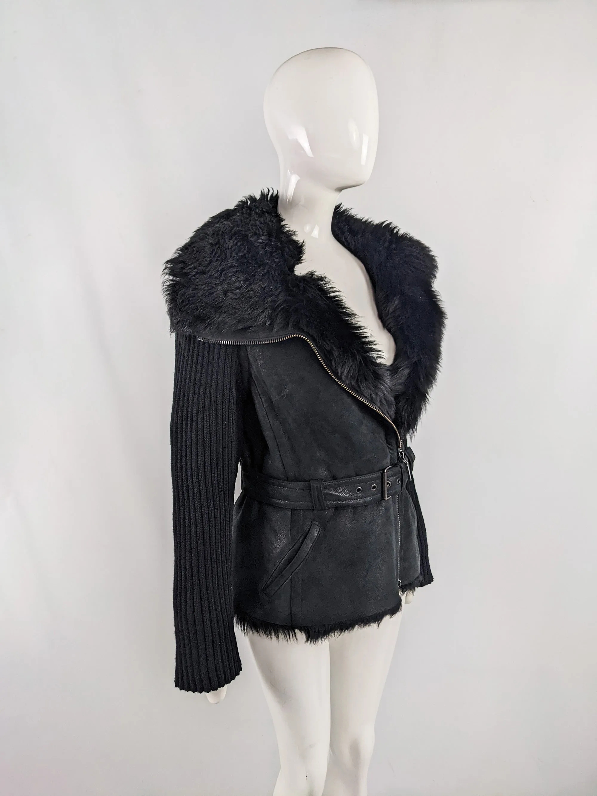 Plein Sud Vintage Black Shearling & Knit Moto Jacket, 1990s