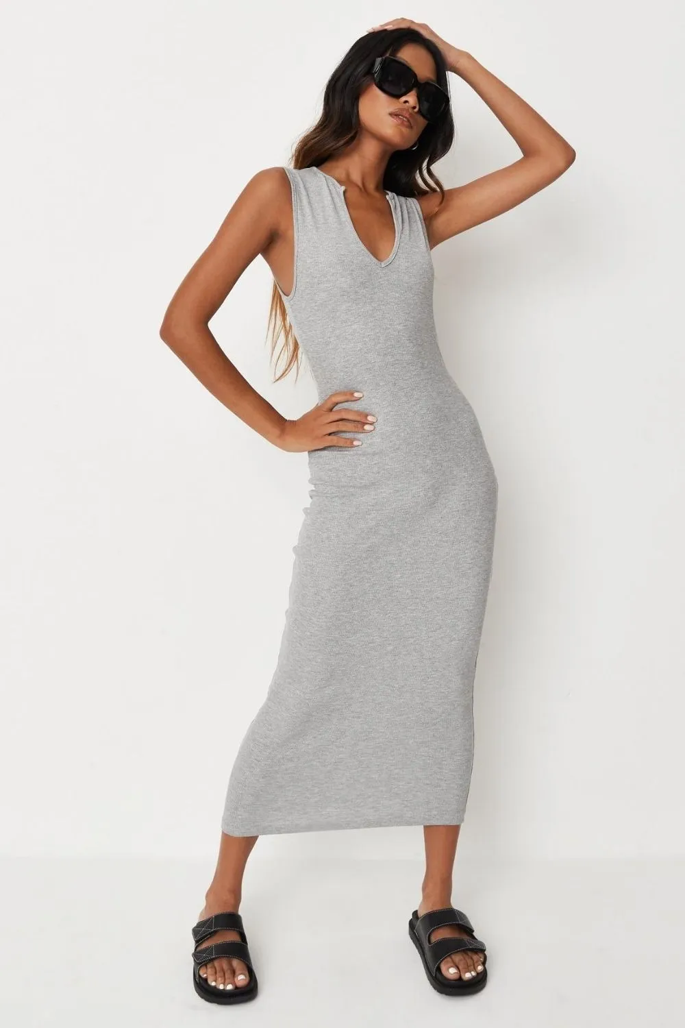 Plunge Neckline Grey Tank Dress